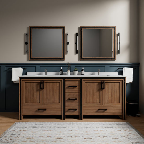 English Elm Rustic Barnwood Double Bath Vanity 84" W x 22" D with Cultured Marble Top, Solid Wood, Soft-Close Storage B2731P260761