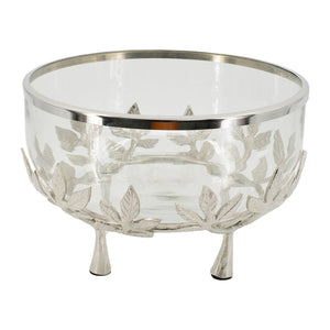 English Elm 13.4x13.4x8.7" Silver Glass Bowl with Floral Cast Aluminum Legs for Elegant Display W2078P490405