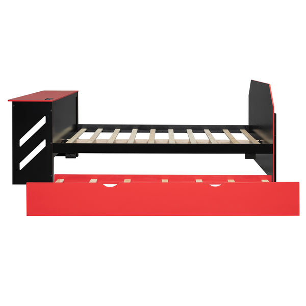 English Elm Full Size Wood Daybed with Twin Trundle Desk and Usb Charging for Teen Rooms Red LT000262AAR