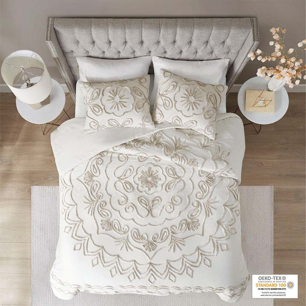 English Elm Full/Queen Violette 3-Piece Tufted Cotton Chenille Duvet Cover Set Ivory Taupe Medallion Elegance B03597351