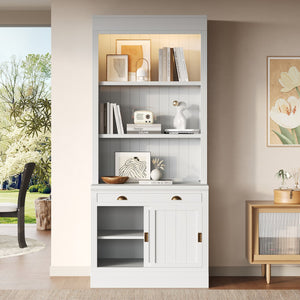 English Elm 83.4"Tall White Bookshelf Suite With Led Lighting, Sliding Doors & Drawers For Stylish Storage Solutions N751S059620K