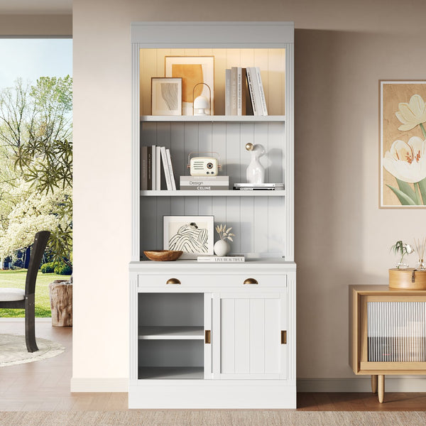 English Elm 83.4"Tall White Bookshelf Suite With Led Lighting, Sliding Doors & Drawers For Stylish Storage Solutions N751S059620K