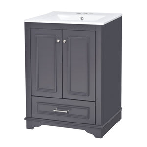 English Elm 24'' Bathroom Vanity with Ceramic Sink Combo Modern Freestanding MDF Cabinet with Soft-Close Doors and Sleek Silver Handles for Spacious Organized Bathroom Storage Blue Gray N710P194893C