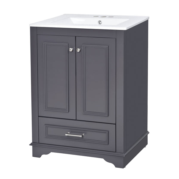 English Elm 24'' Bathroom Vanity with Ceramic Sink Combo Modern Freestanding MDF Cabinet with Soft-Close Doors and Sleek Silver Handles for Spacious Organized Bathroom Storage Blue Gray N710P194893C