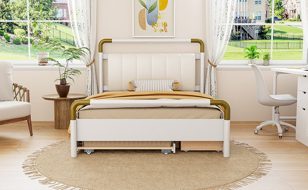 English Elm Queen Upholstered Platform Bed with Trundle & 2 Large Drawers, Padded Headboard, White/Walnut Elegance SF000190AAK