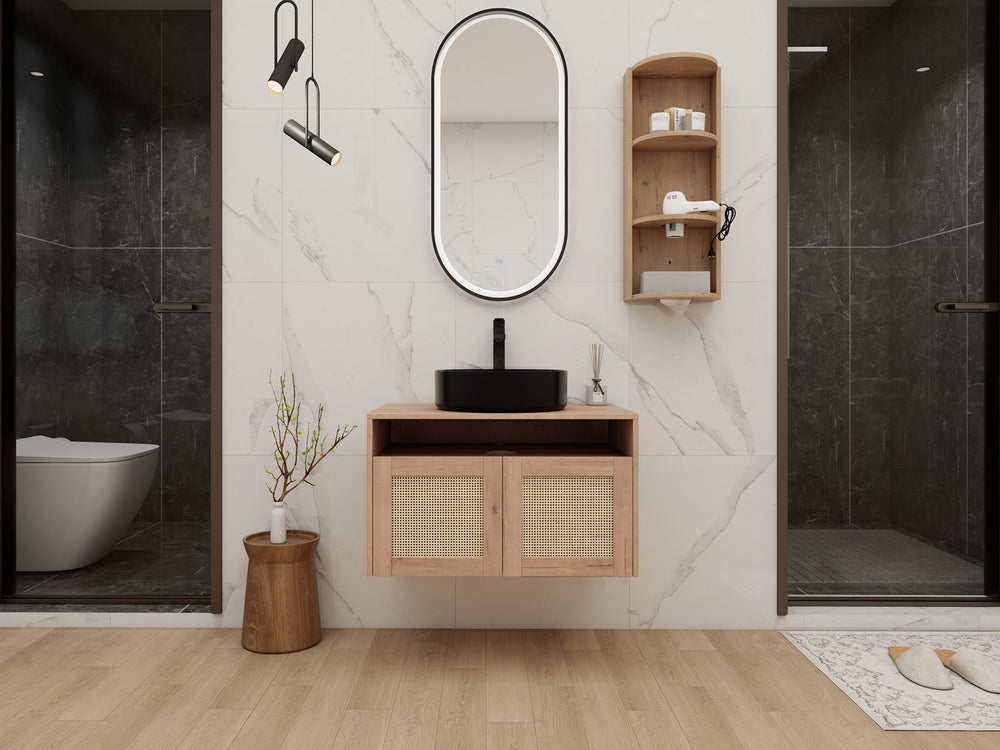 English Elm 30" Floating Bathroom Vanity Oak Finish Ceramic Vessel Sink Soft Close Plywood Cabinet W999S00502