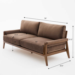 English Elm Mid-century Modern Boucle Upholstered Three Seat Sofa with Walnut Finish Wood Legs Dark Brown N773P411407D