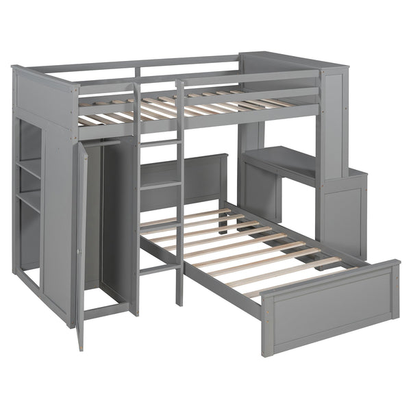 English Elm Twin Loft Bed System with Wardrobe Desk and Shelving for Kids Shared Bedroom Gray LT000820AAE-1