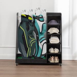English Elm Golf Bag Storage Rack Wooden 2 Bag Organizer with Shoe Shelf for Garage Basement Black W1422P296350