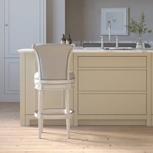 English Elm 26in. Wood High-back Swivel Barstool Farmhouse Style Nailhead Upholstered Kitchen Seat White B2751P436429