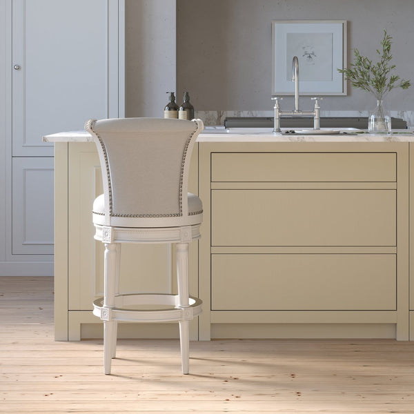 English Elm 26in. Wood High-back Swivel Barstool Farmhouse Style Nailhead Upholstered Kitchen Seat White B2751P436429