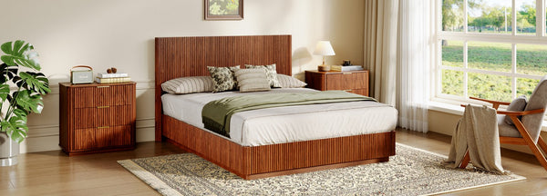 English Elm Queen Bed Frame with Led Lighting Curved Groove Panels and Floating Base Modern Bedroom Walnut W1820S00049
