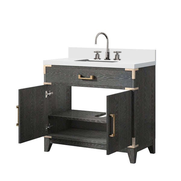 English Elm Black Oak Single Bath Vanity With Cultured Marble Top, Chrome Faucet, Soft-Close Doors & Storage B2731P260919