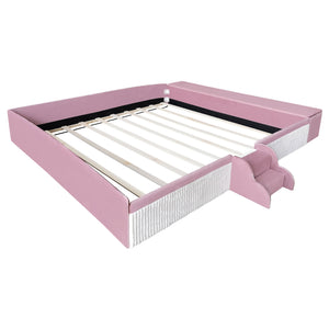 English Elm King Velvet Kids Platform Bed with Padded Guardrails Staircase and Storage Ottoman Pink+White SF000204AAH