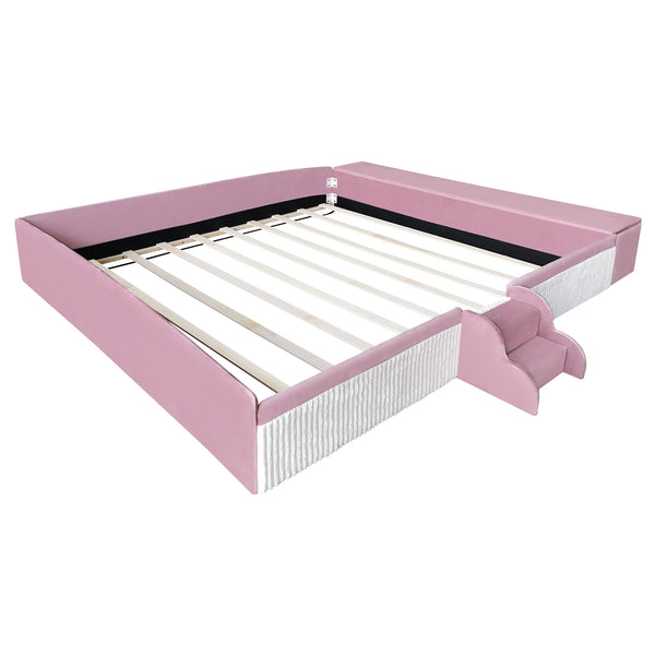 English Elm King Velvet Kids Platform Bed with Padded Guardrails Staircase and Storage Ottoman Pink+White SF000204AAH