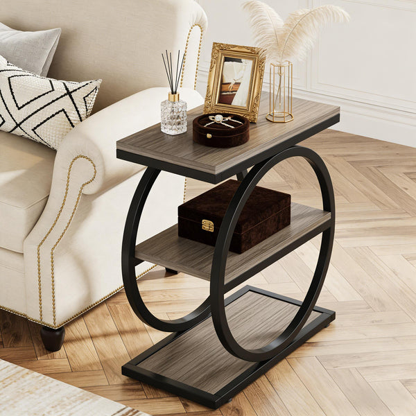 English Elm Modern Two Tier End Table Black Metal Frame Wood Grain Surface for Living Room T3971P453262