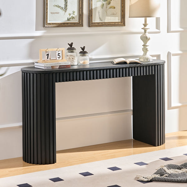 English Elm 59.05'' Matte Finish Console Table Curved Top Striped Legs Slim Entryway Foyer Black W876P439956