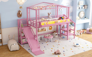 English Elm Twin Metal Loft Bed with Built-in Wardrobe Storage Stairs Led Lights and Usb Ports W5316S00046