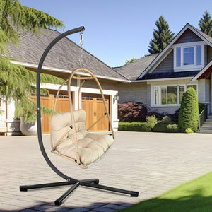 English Elm Swing Egg Chair with Stand - Foldable Rattan Hanging Basket Seat, Cushioned Comfort, Cup Holder Beige+Brown W2707P388617