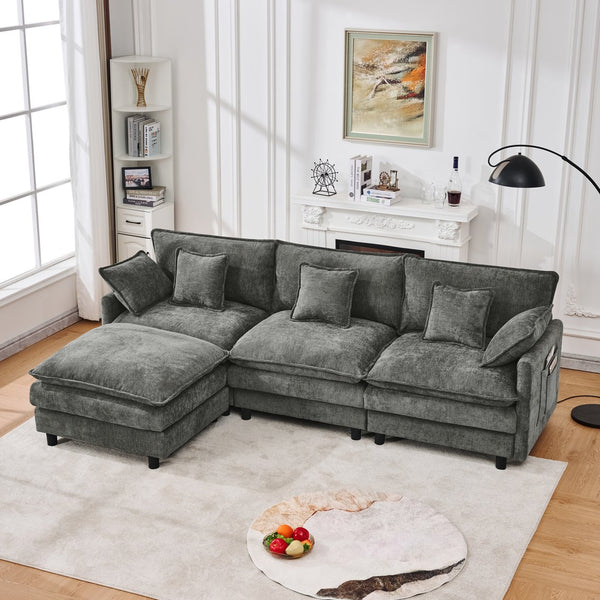 English Elm 101.9-inch Chenille Modular Sofa with Movable Footstool for Living Room Comfort W288S00033