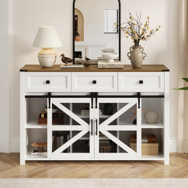 English Elm U_style Industrial Sideboard with Sliding Barn Doors Iron Mesh Panels and Three Drawers White N711P347384K