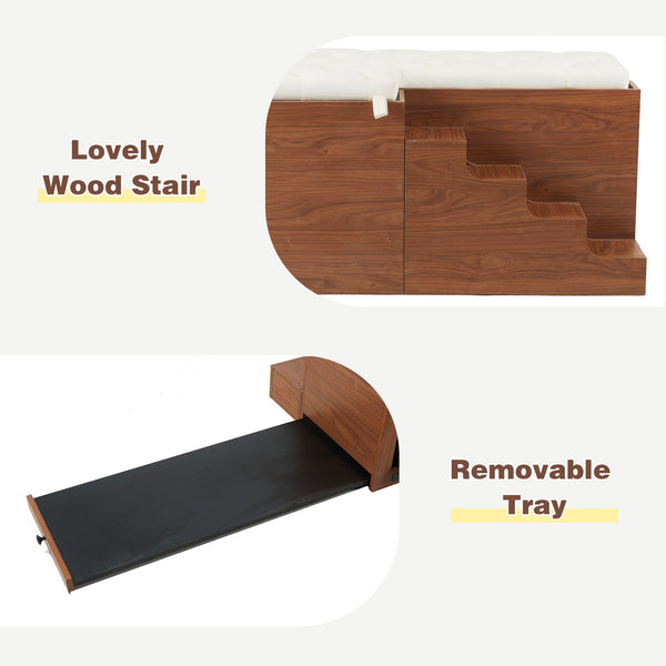 English Elm 56"L, 56"L Mid-Century Walnut Dog Crate Bench Ottoman with Sliding Barn Door, Padded Removable Cushion, Wheels, 300lb耐 N843P293660W