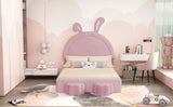 English Elm Full Size Upholstered Rabbit-Shape Bed With 2 Storage Stools, Velvet Platform Bed With Cartoon Ears Shaped Headboard, Pink