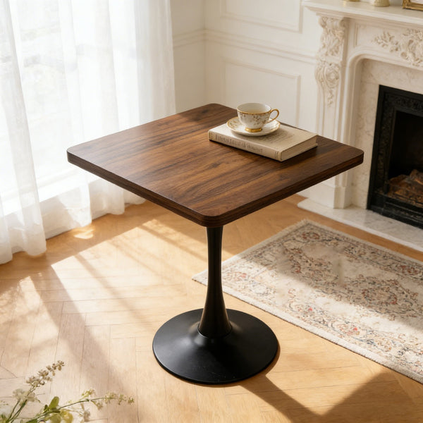 English Elm Square Tulip Pedestal Bistro Table Walnut Finish Mid Century Style for Compact Spaces W2641P460034