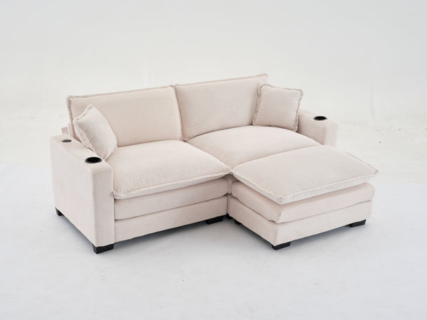 English Elm L Shape Sofa Couch With Usb Port & Cup Holder, Stylish Corduroy 2-Seater In Beige For Small Spaces W2100S00140