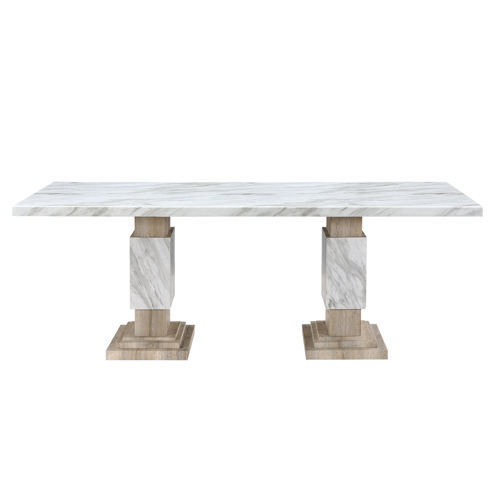 English Elm STACEY Beige Dining Table with Faux Marble Top, Solid Wood Pedestal Base & Accented Legs — Contemporary Elegance B201S00327