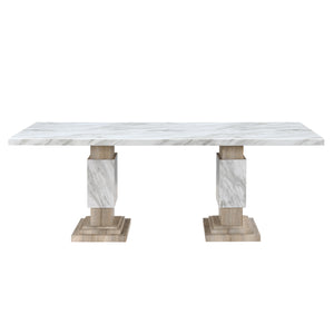 English Elm STACEY Beige Dining Table with Faux Marble Top, Solid Wood Pedestal Base & Accented Legs — Contemporary Elegance B201S00327