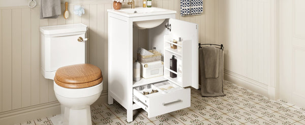 English Elm 18-Inch Modern Bathroom Vanity with Ceramic Sink, Soft-Close Doors, Divider Drawer & Adjusting Feet White N729P334854K