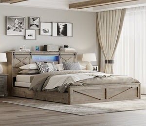 English Elm Farmhouse King Storage Bed Rustic Wood Headboard with Led Lights and Charging Hub W1670P362672