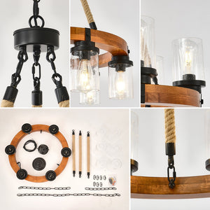 English Elm 23.62 Inch Wagon Wheel Chandelier Wood Metal Frame Seeded Glass Farmhouse Dining W5008P390657