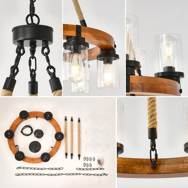 English Elm 23.62 Inch Wagon Wheel Chandelier Wood Metal Frame Seeded Glass Farmhouse Dining W5008P390657