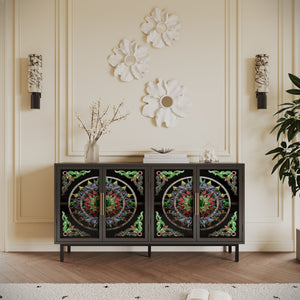 English Elm 60.3 Decorative Cabinet with Stained Glass Doors, Black Metal Frame Buffet for Entry Living Dining W2263P373331