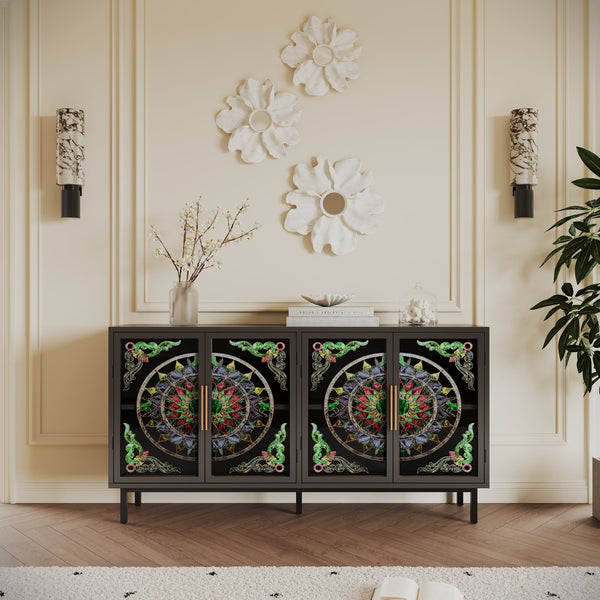 English Elm 60.3 Decorative Cabinet with Stained Glass Doors, Black Metal Frame Buffet for Entry Living Dining W2263P373331