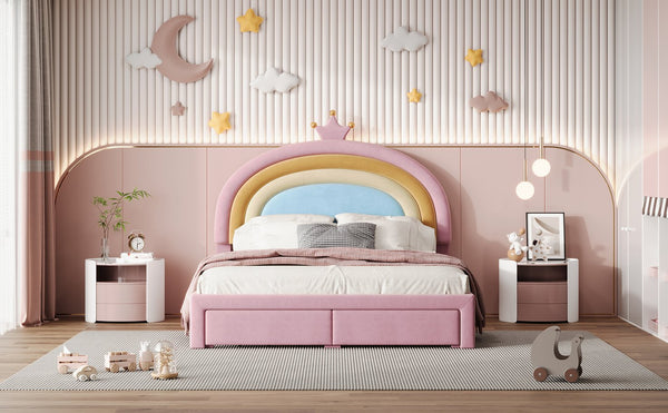 English Elm Full Velvet Rainbow Platform Bed with Storage Drawer, Pink Upholstered Princess Frame, No Box Spring Needed N733P234609H