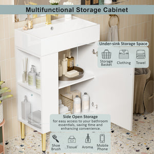 English Elm 21.6" White Left-Side Storage Bathroom Vanity with Ceramic Sink, Gold Legs, Soft-Close Door, Modern Design SV000007AAE