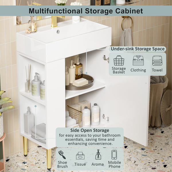 English Elm 21.6" White Left-Side Storage Bathroom Vanity with Ceramic Sink, Gold Legs, Soft-Close Door, Modern Design SV000007AAE