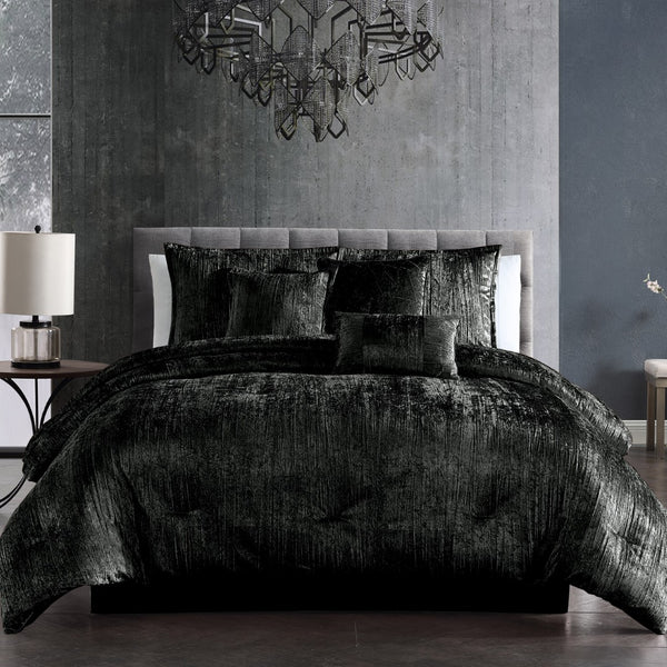 English Elm Turin 7-Piece Luxurious Crinkle Velvet Comforter Set In Black For King Beds - Stylish & Cozy! B340P341991-GIGA