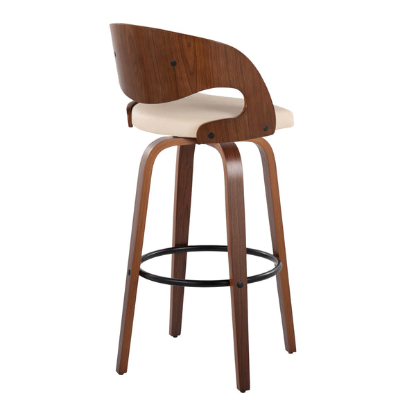English Elm Fixed-height Swivel Barstools with Walnut Bentwood Legs and Cream Upholstered Seats Set B202S01930