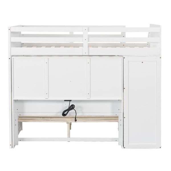English Elm Twin Over Full Bunk Bed with Wardrobe Storage Stairs Shelves and Usb Charging White LT000292AAK
