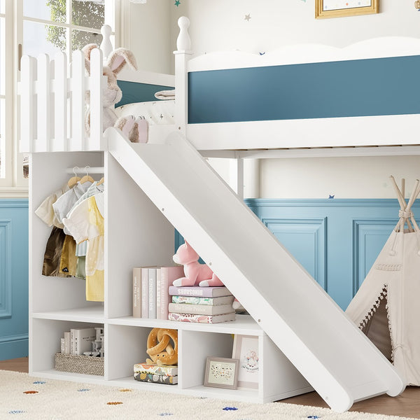 English Elm Twin Loft Bed Solid Pine Frame with Wardrobe Shelving Detachable Slide Kids Room White+Blue W5305S00019