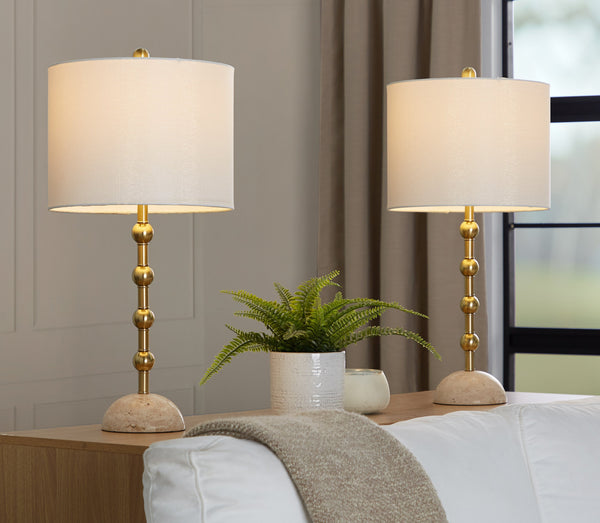 English Elm Table Lamp Set of 2 Travertine Stone Base with Brass Hardware and Warm Fabric Shade Gold,Off White B202P471584