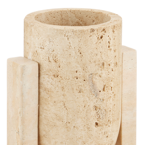 Stone Vase Set of 2 - Hand-Carved Modern Brutalist Sculptures in Natural Travertine Finish