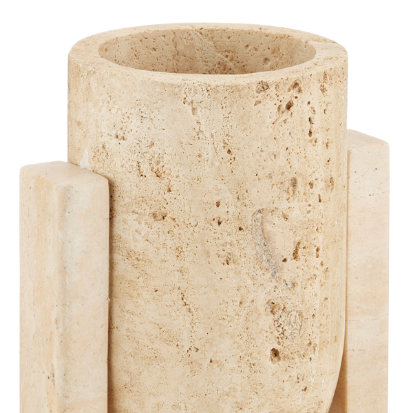 Stone Vase Set of 2 - Hand-Carved Modern Brutalist Sculptures in Natural Travertine Finish