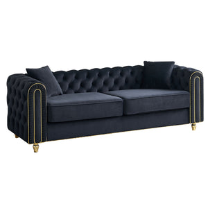 English Elm 86'' Luxury Modern Tufted Sofa with Gold Trim, Velvet Upholstery, Pocket Spring Comfort & 750lb Support Black W579P303656