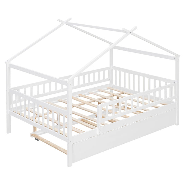 English Elm Full Size Pine House Bed with Roofline Frame and Roll Out Twin Trundle for Kids LP100306AAK