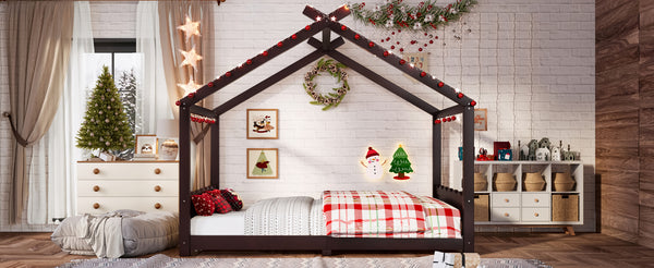 English Elm Twin House Frame Floor Bed Solid Pine Kids Room Montessori Low Profile Play Nook Espresso W1580P387842